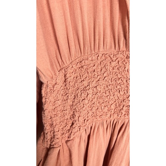 Free People Medium Monika Shirt Dress Smocked Waist Deep V-Neck Autumn Peach EUC - Picture 8 of 14